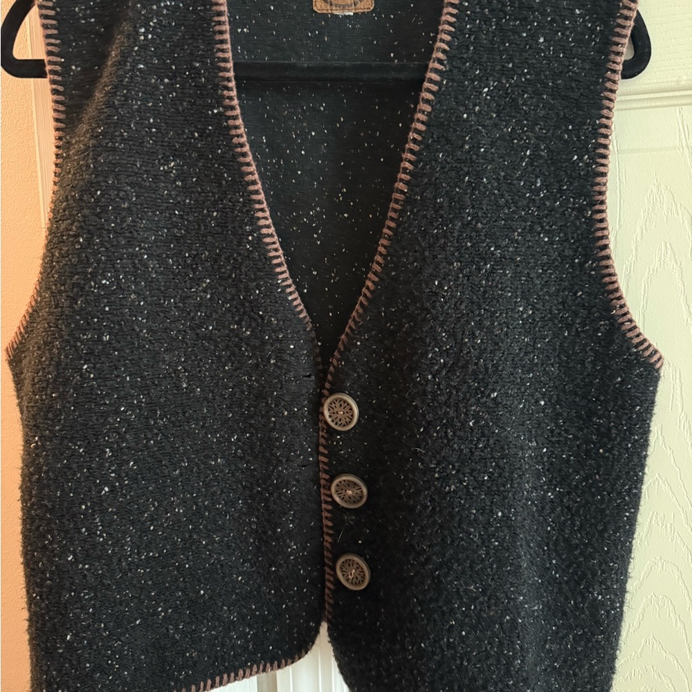 REI Black Tweedy Button Front Vest with Brown Trim